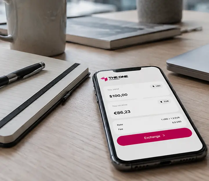 The One Exchange app on a smartphone on an office desk